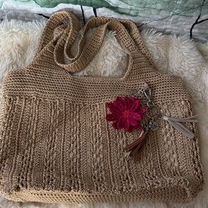 Beige Crochet Tote Bag with Pink Flower Accent